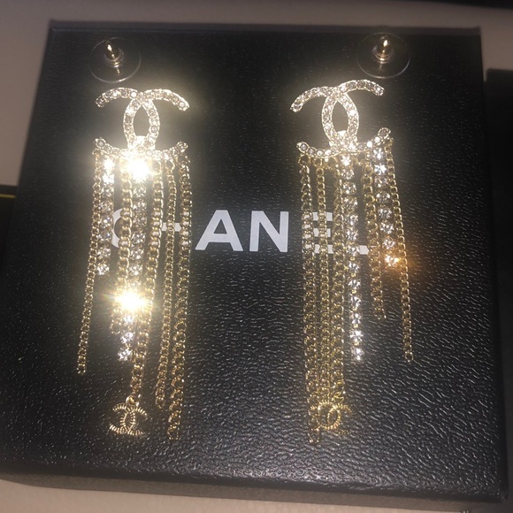 CHANEL Gold Tone and Crystal Chain Fringe Earrings